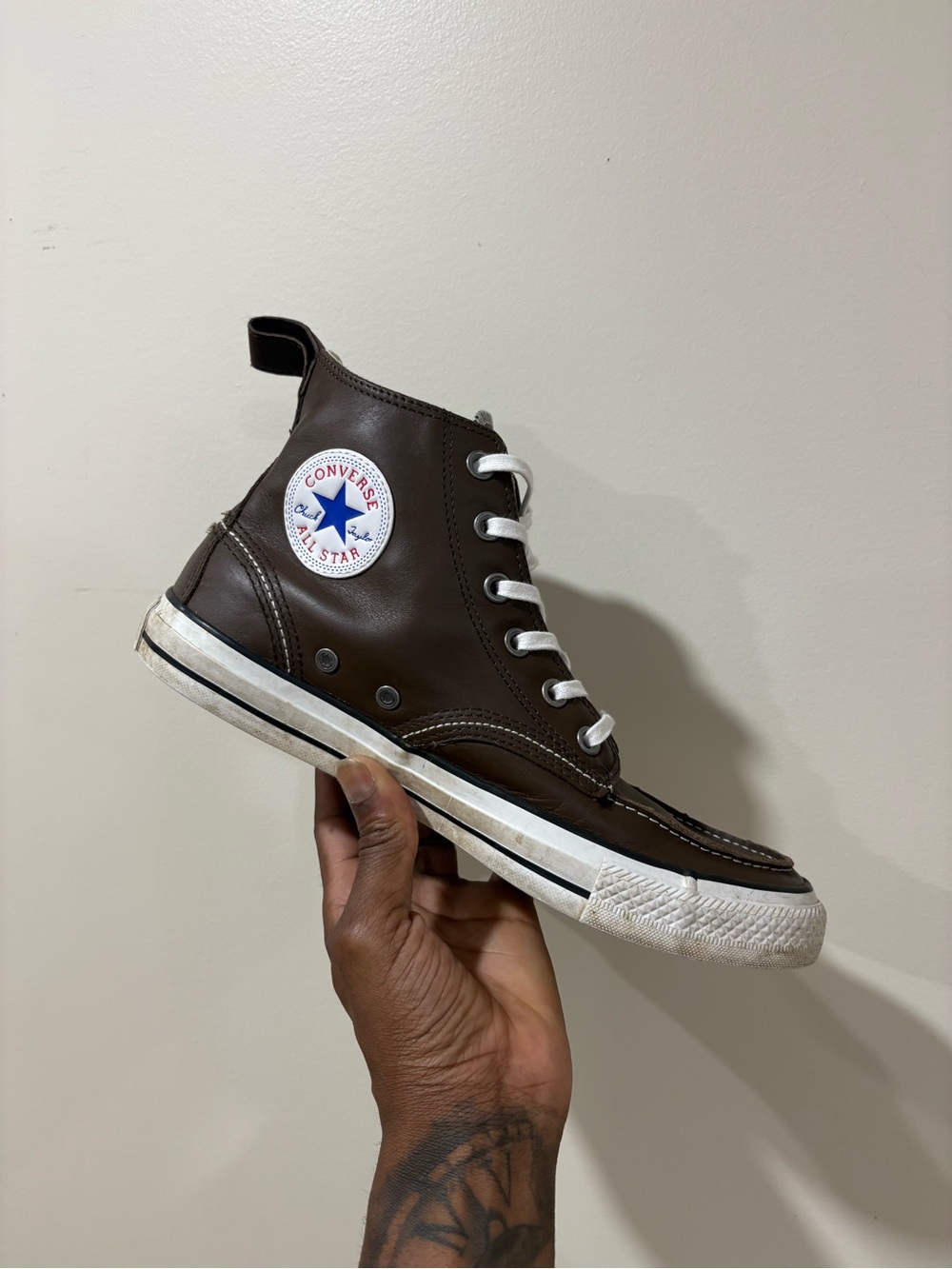 Converse Leather High Top Sneakers - Dark Brown with White Accents